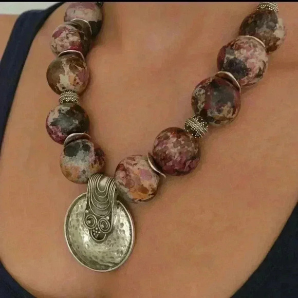 CERAMIC beaded greek statement necklace w/ silver disk pendant - Picture 2 of 7